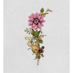 Mindy Lam Couture Handmade Floral Brooch with Pink Flower and Gold Accents
